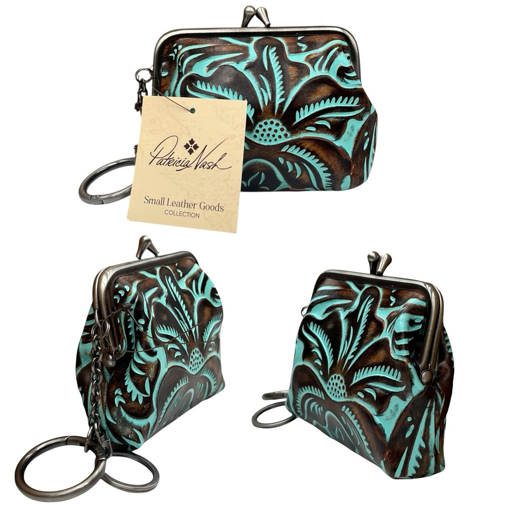 Patricia Nash Womens Tooled Leather Coin Purse Kiss Lock Turquoise Brown